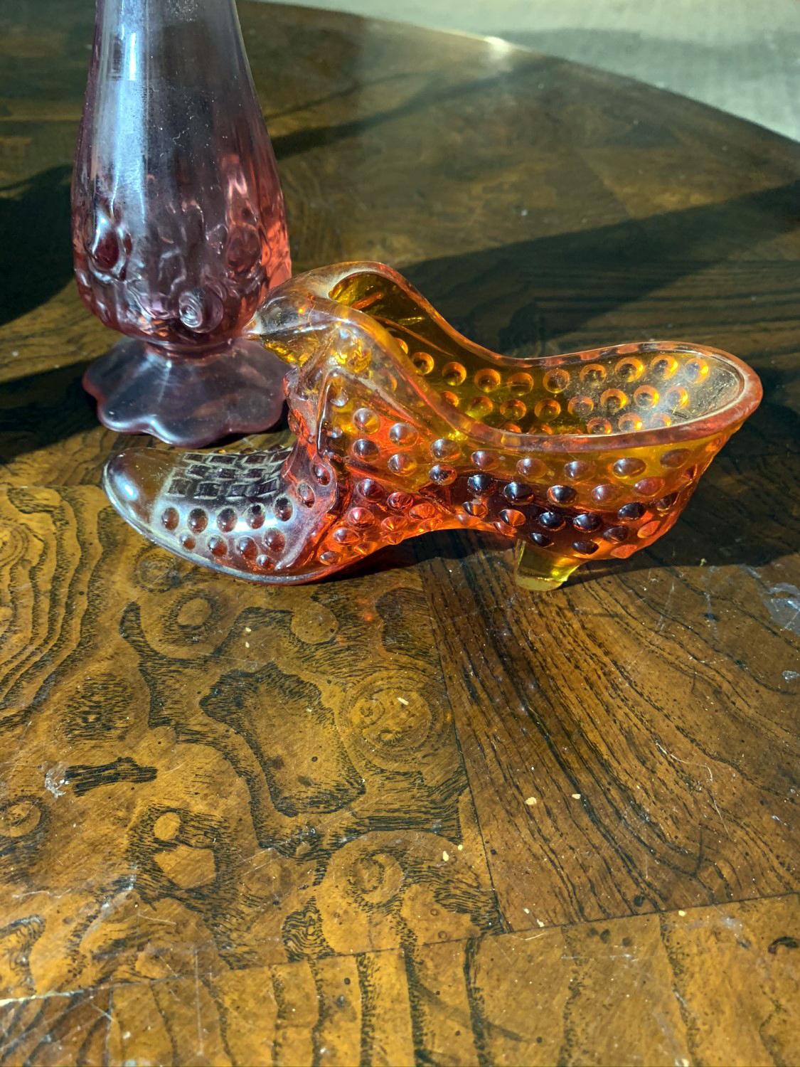 (2) Fenton glass shoes, Vase, & Doris Gibson art piece