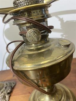 Old Brass Aladdin Lamp, ceramic basket, brass kettle