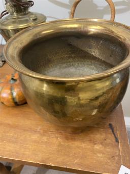 Old Brass Aladdin Lamp, ceramic basket, brass kettle