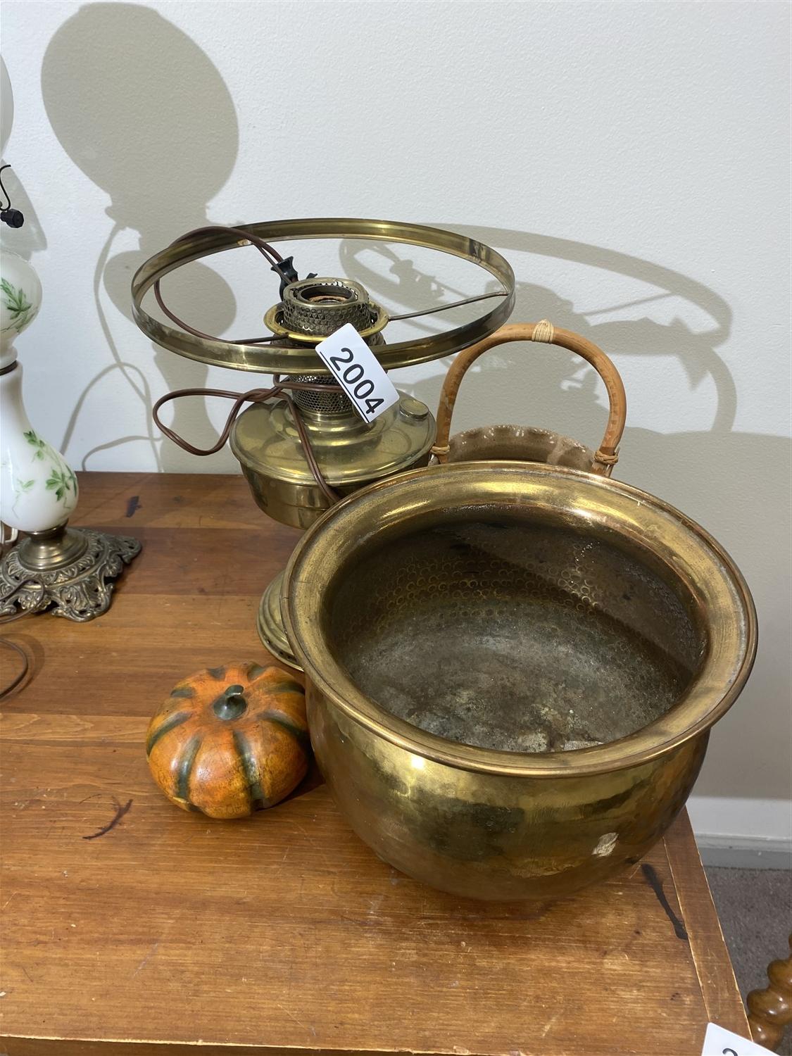 Old Brass Aladdin Lamp, ceramic basket, brass kettle