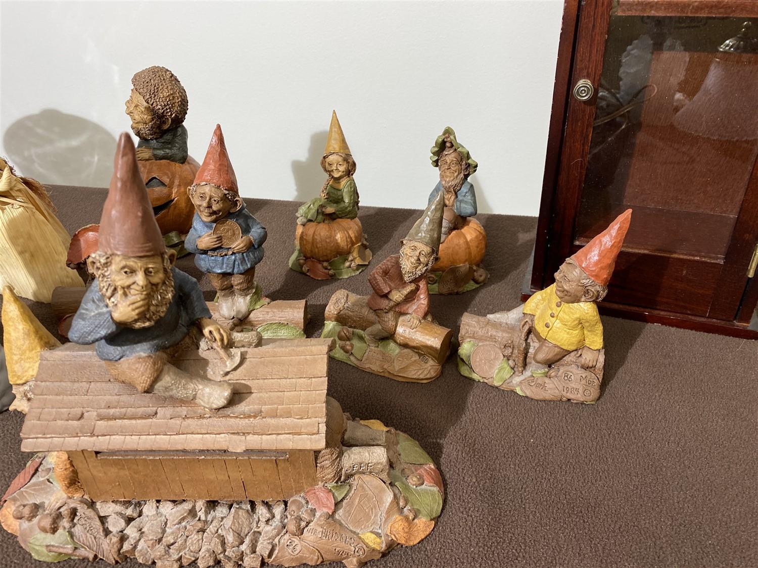 Resin Moe Clark Gnomes, ceramic rabbit, small antique doll sized cabinet