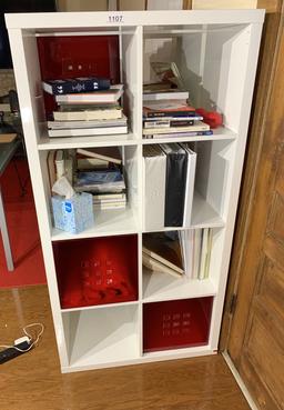 Cube Shelf with 2 Red Storage Inserts and Contents