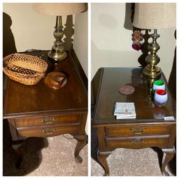 Pair of vintage end tables and brass lamps