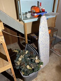 Shelf, ironing board, misc Christmas etc