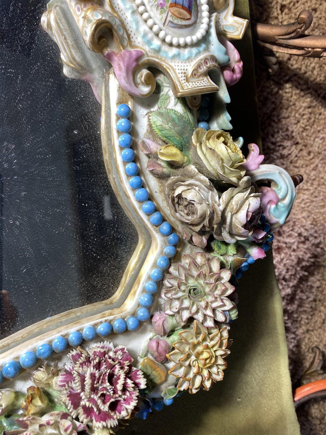 19th century elaborate porcelain mirror w/flowers, cherubs