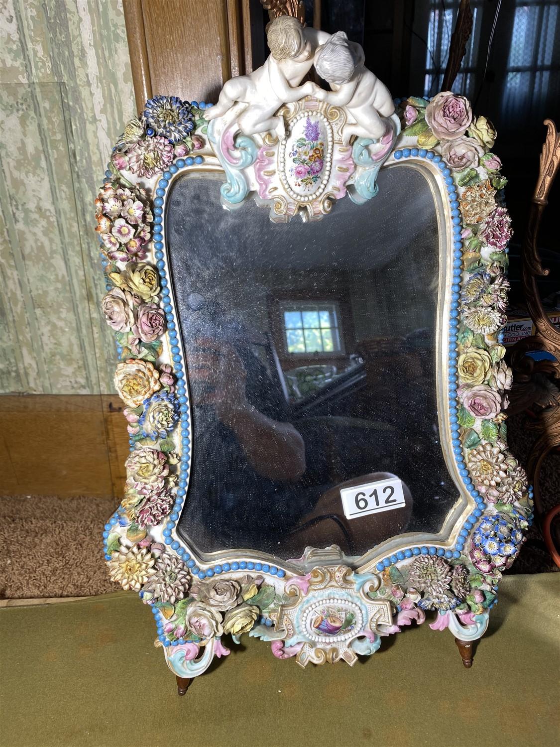 19th century elaborate porcelain mirror w/flowers, cherubs