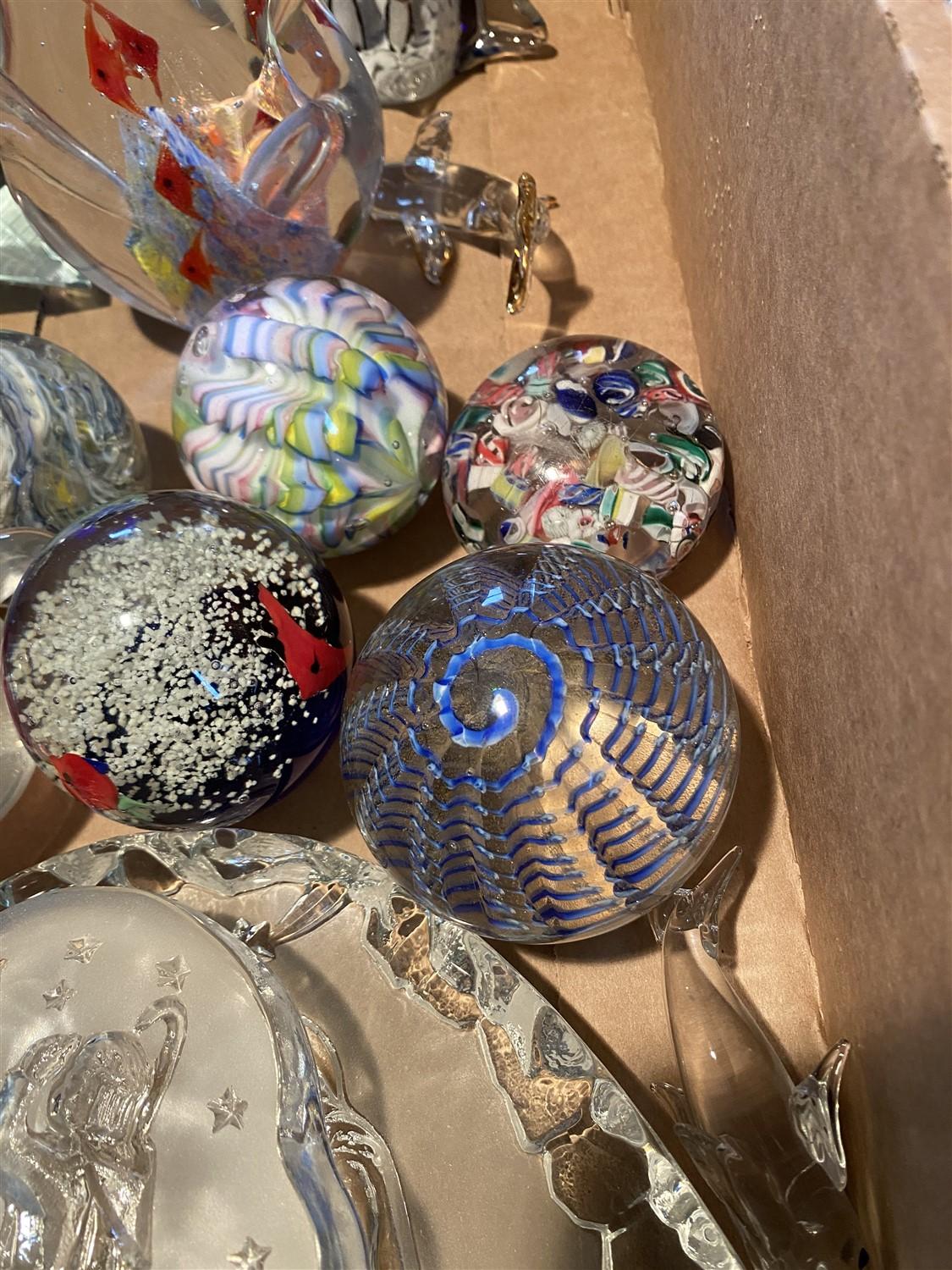 Box lot of assorted vintage paperweights and more