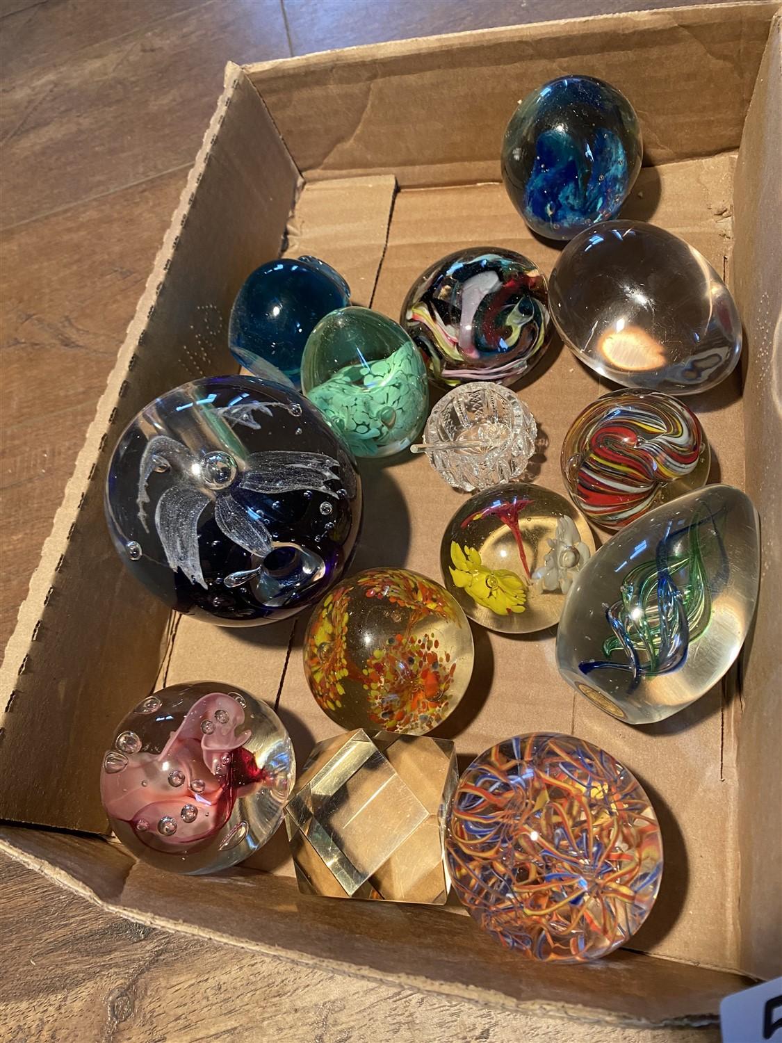 Box lot of assorted vintage paperweights and more