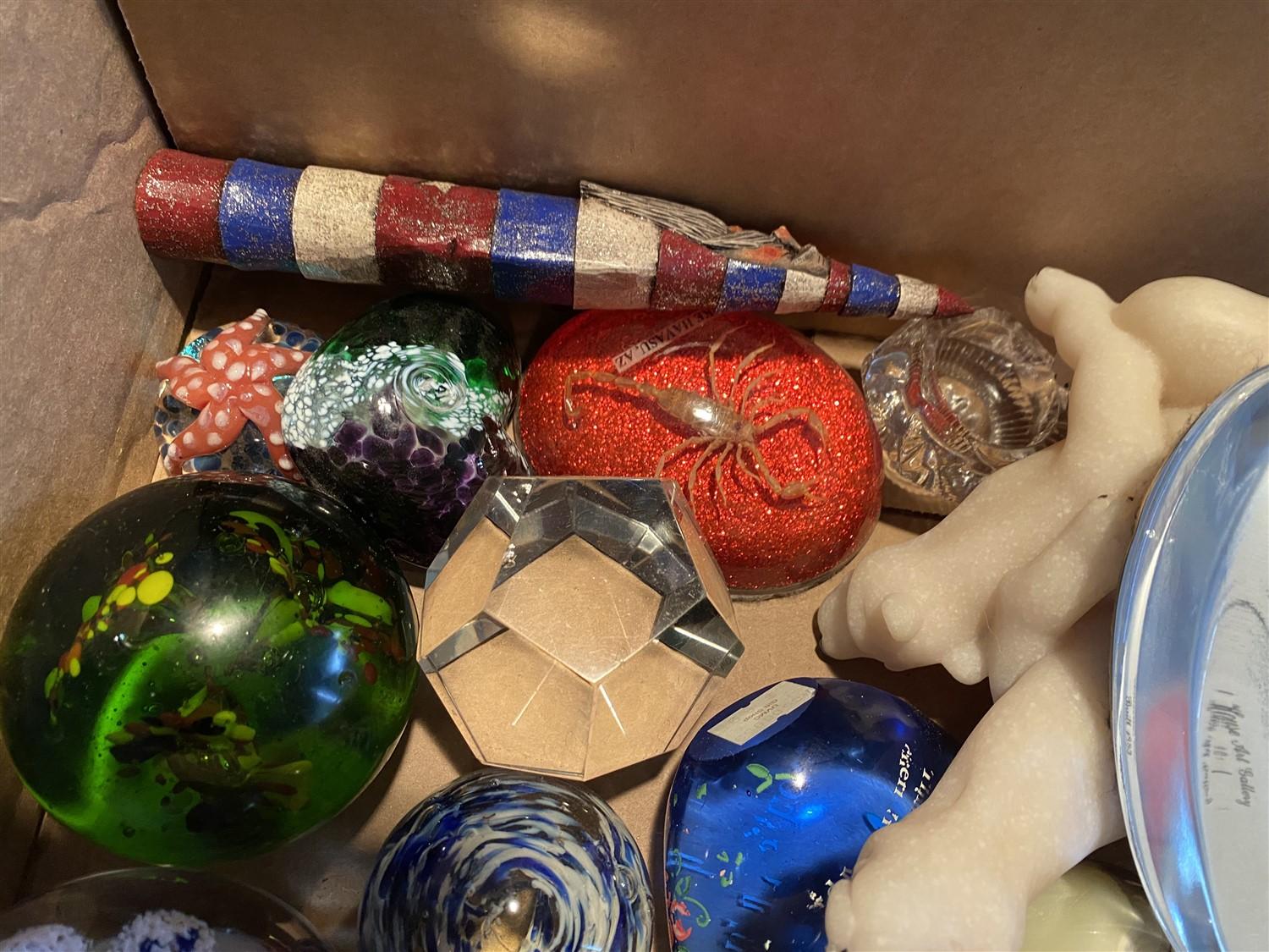 Box lot of assorted vintage paperweights and more