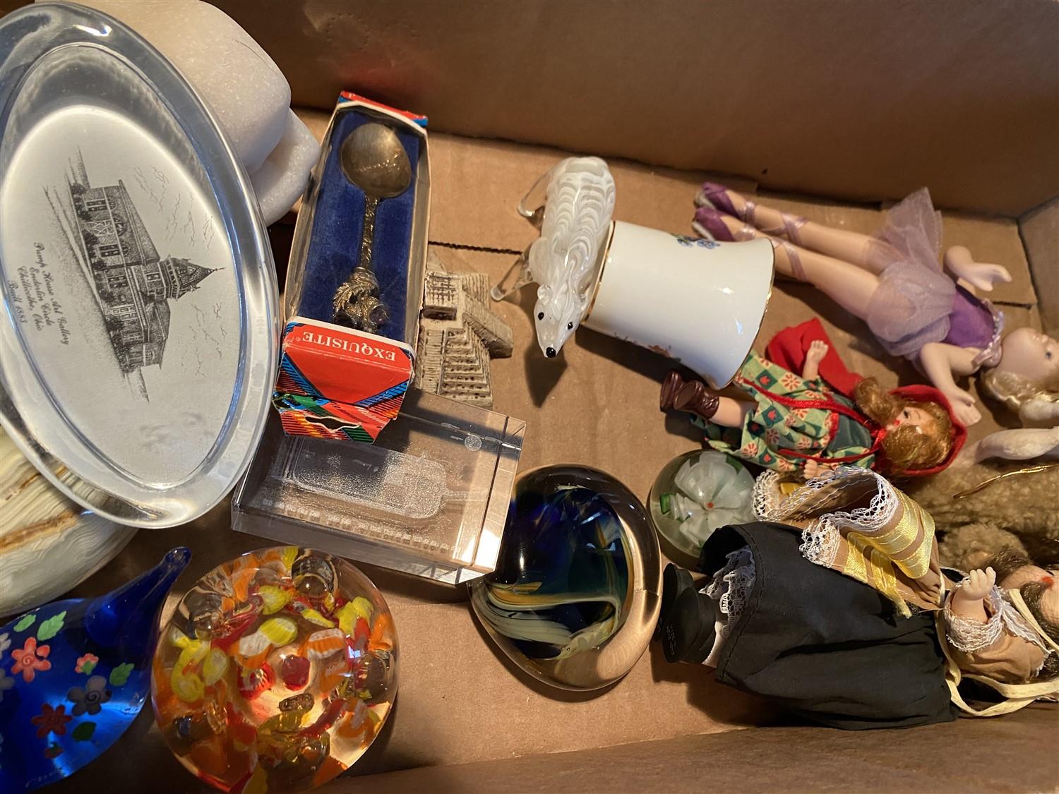 Box lot of assorted vintage paperweights and more