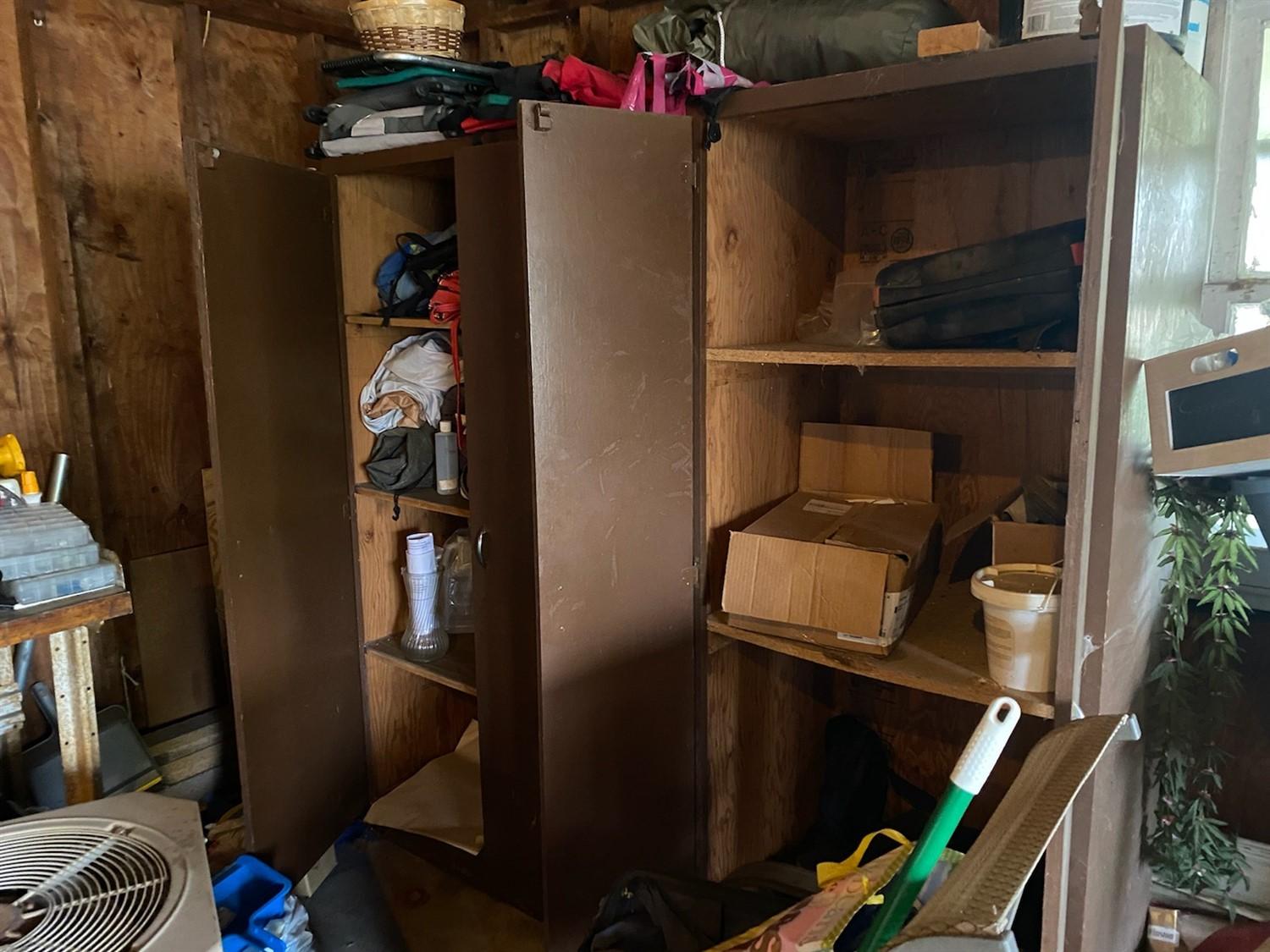 2 Metal lockers or cupboards with wooden shelves