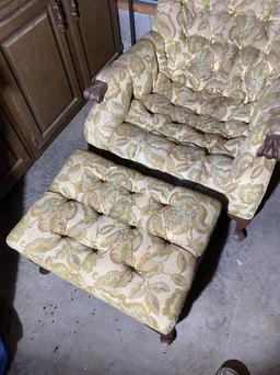 Vintage upholstered chair and footstool