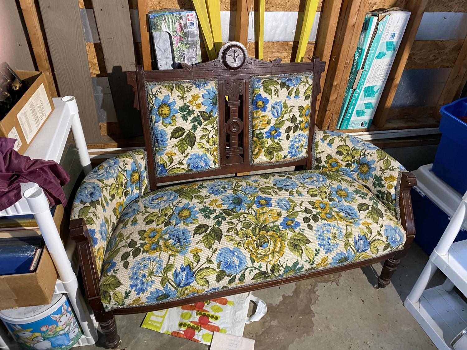 Antique Eastlake bench with 70s fabric upholstery