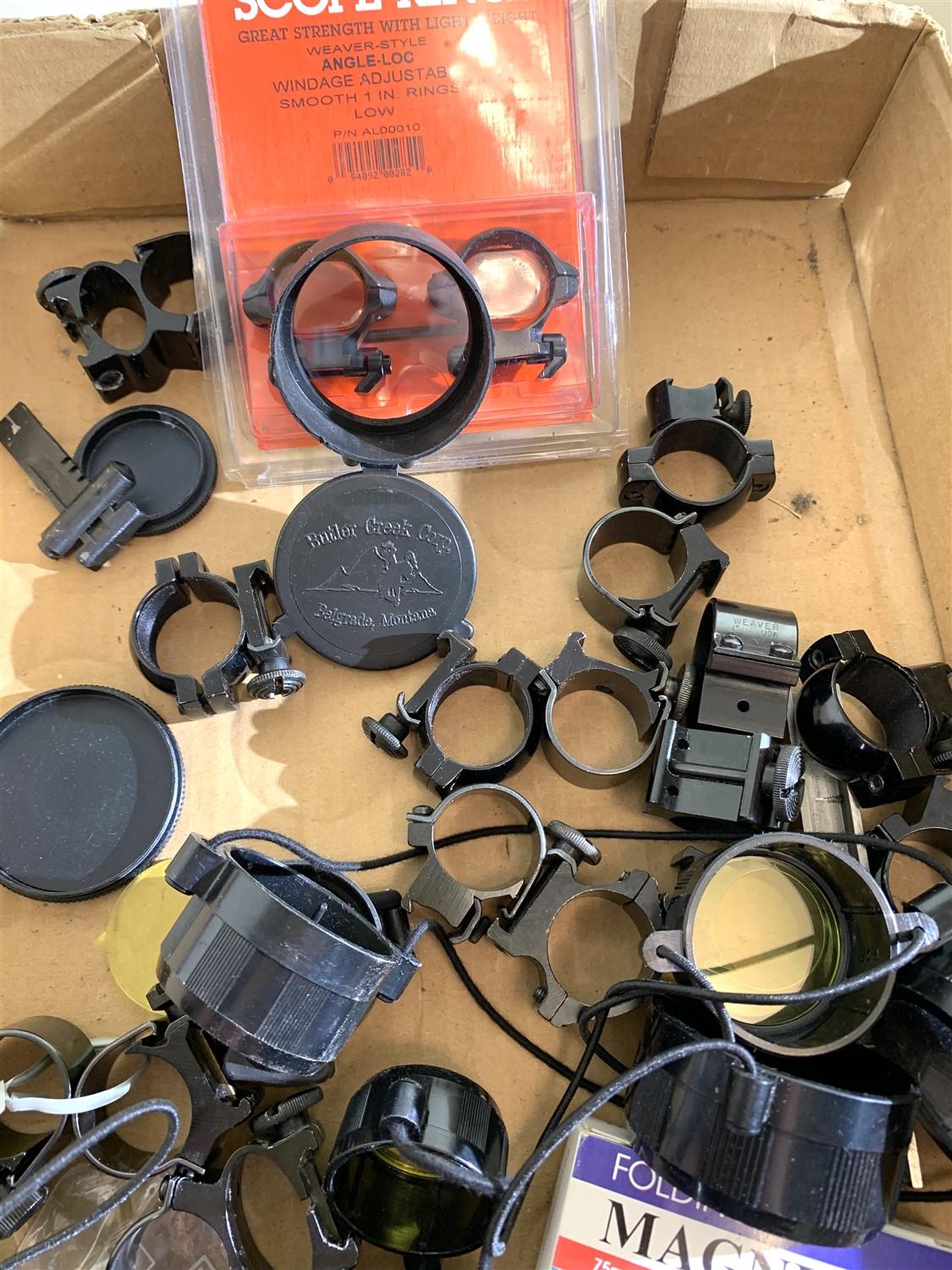 Assortment of Scope Mounts, Covers & Deer Call by Faulk's