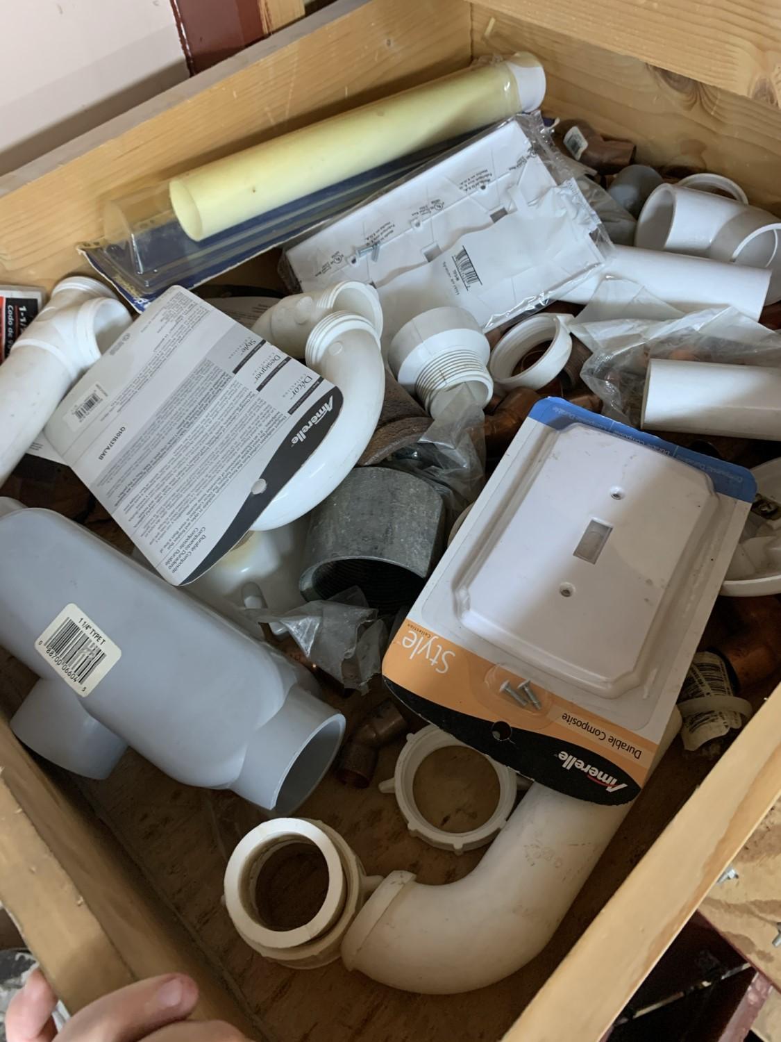 Clean out Garage Closet Shelves - Speaker Wire, Sand Paper, Cable Connectors, Plumbing Items & More