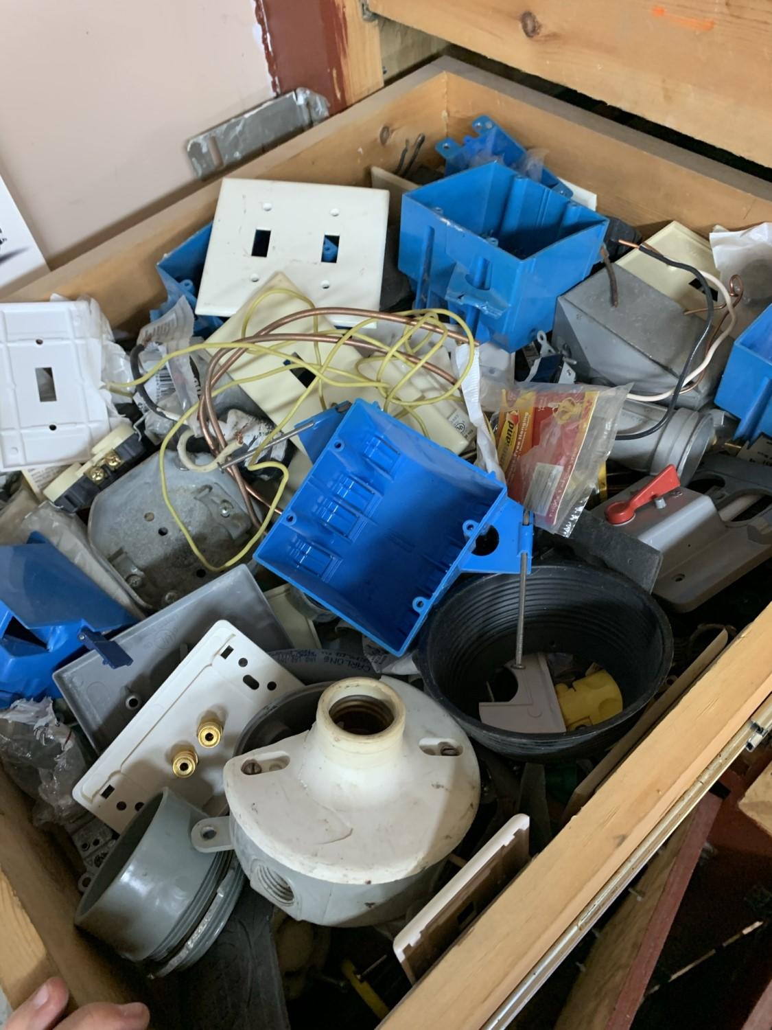 Clean out Garage Closet Shelves - Speaker Wire, Sand Paper, Cable Connectors, Plumbing Items & More
