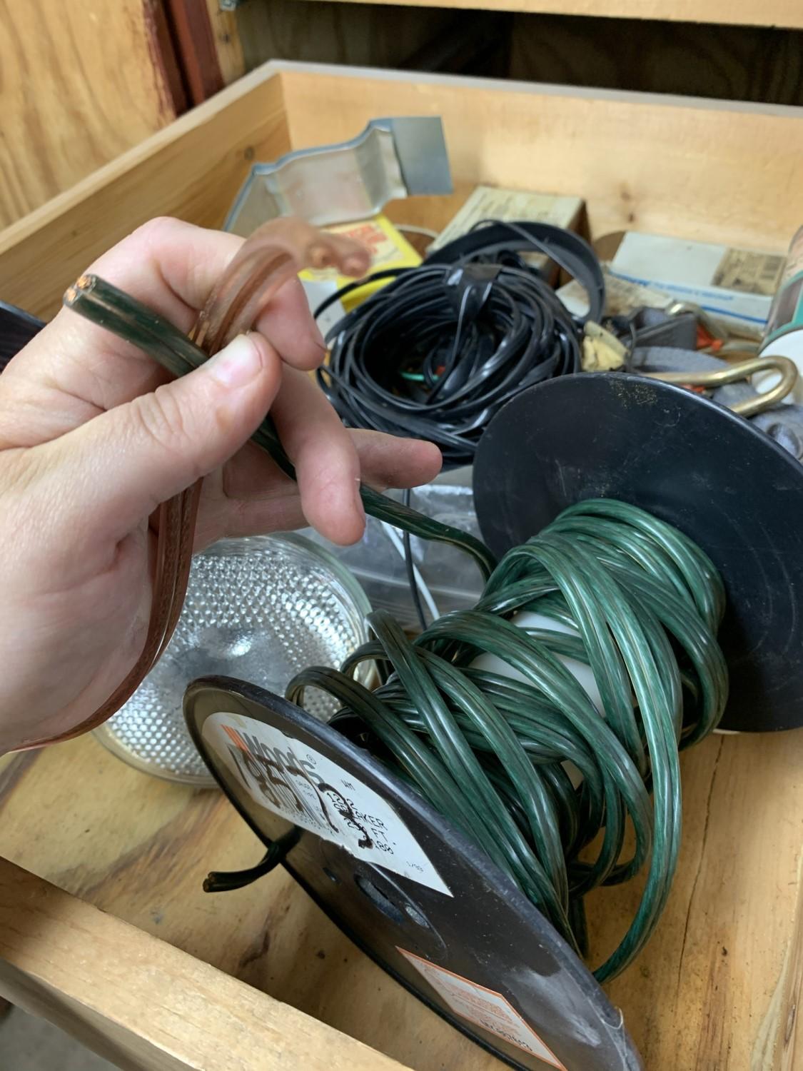 Clean out Garage Closet Shelves - Speaker Wire, Sand Paper, Cable Connectors, Plumbing Items & More