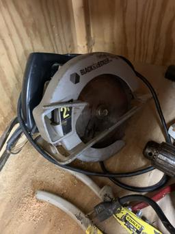 Clean out Garage Closet Shelves - Circular Saw, Tool Bucket, Senco Nailer & More