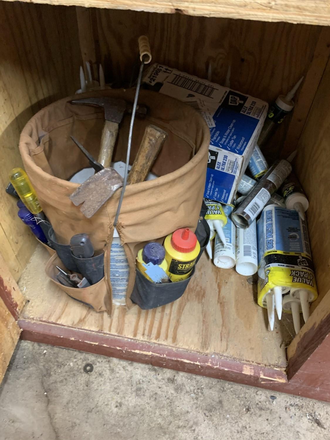 Clean out Garage Closet Shelves - Circular Saw, Tool Bucket, Senco Nailer & More