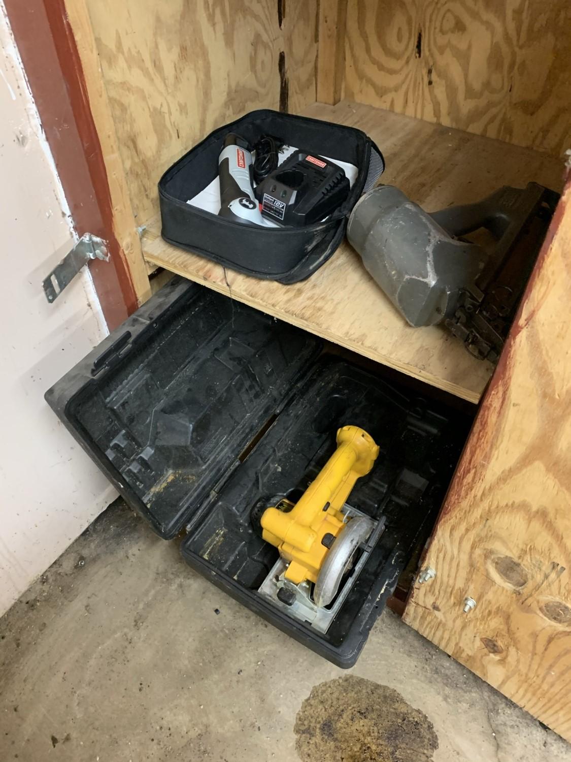 Clean out Garage Closet Shelves - Circular Saw, Tool Bucket, Senco Nailer & More