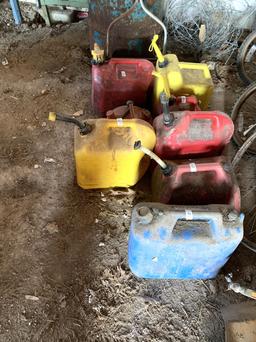 8 Gas Cans & Antique Lawn Mower