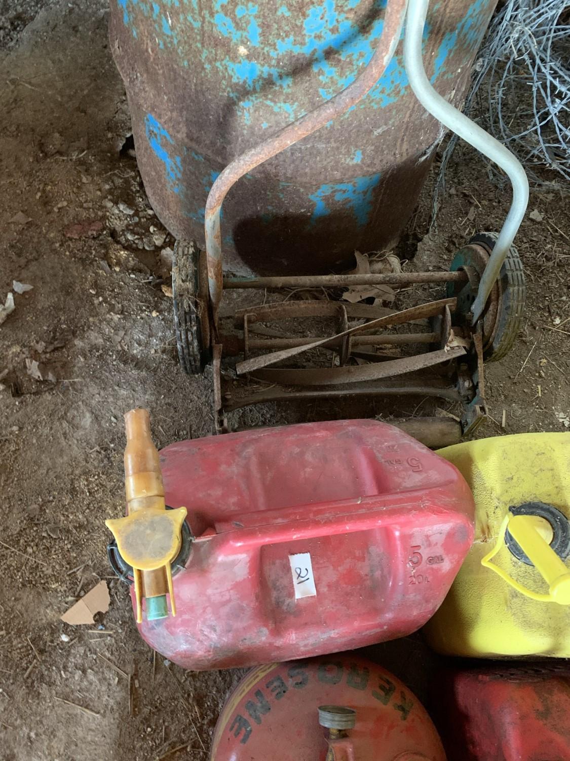 8 Gas Cans & Antique Lawn Mower