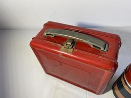 Vintage red metal lunchbox and thermos