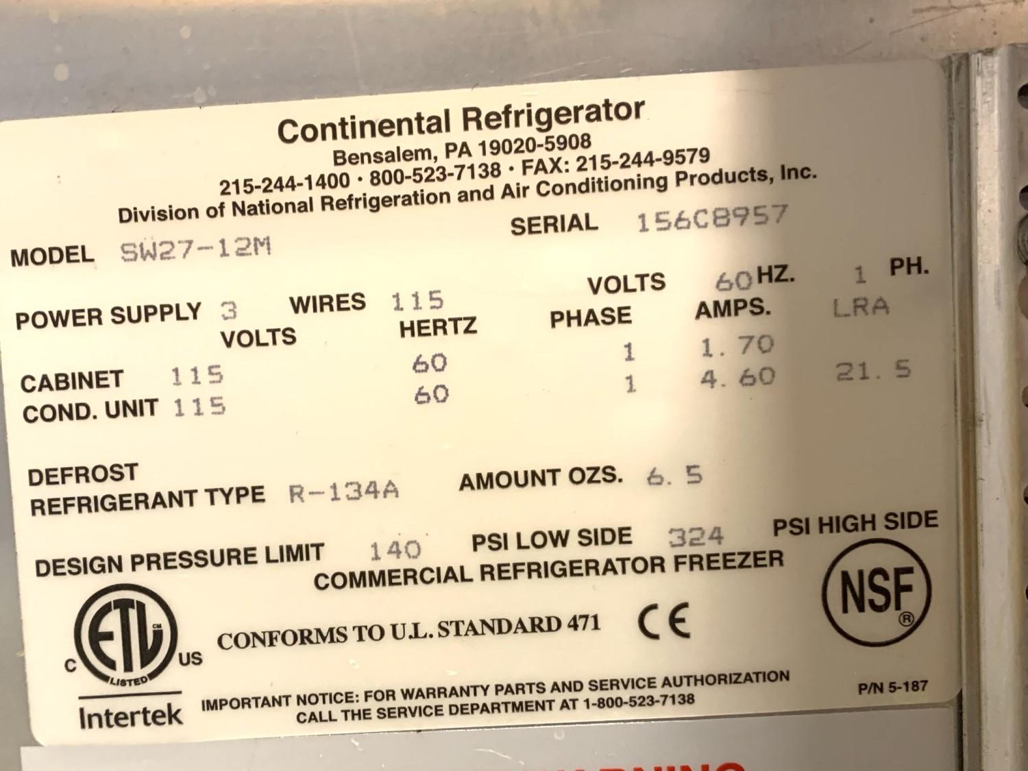Continental Refrigerator Stainless Steel Prep Station Model SW27-12M