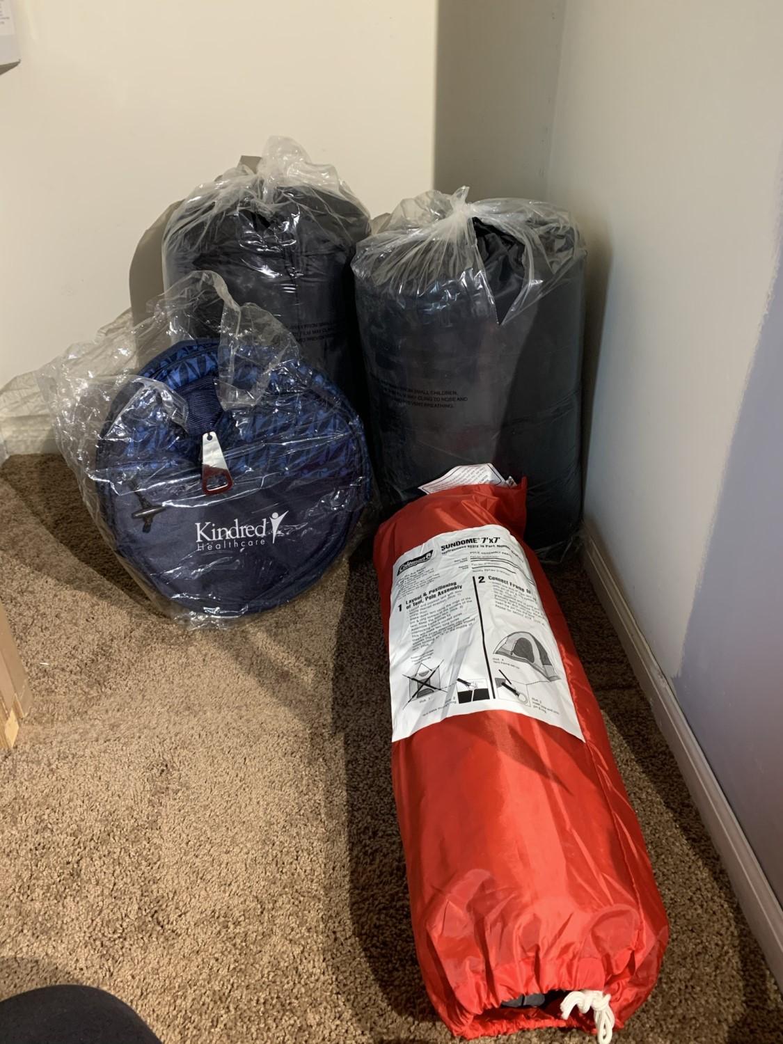 2 New Sleeping Bags, Coleman 7 x 7 Tent, &  Collapsible Bag