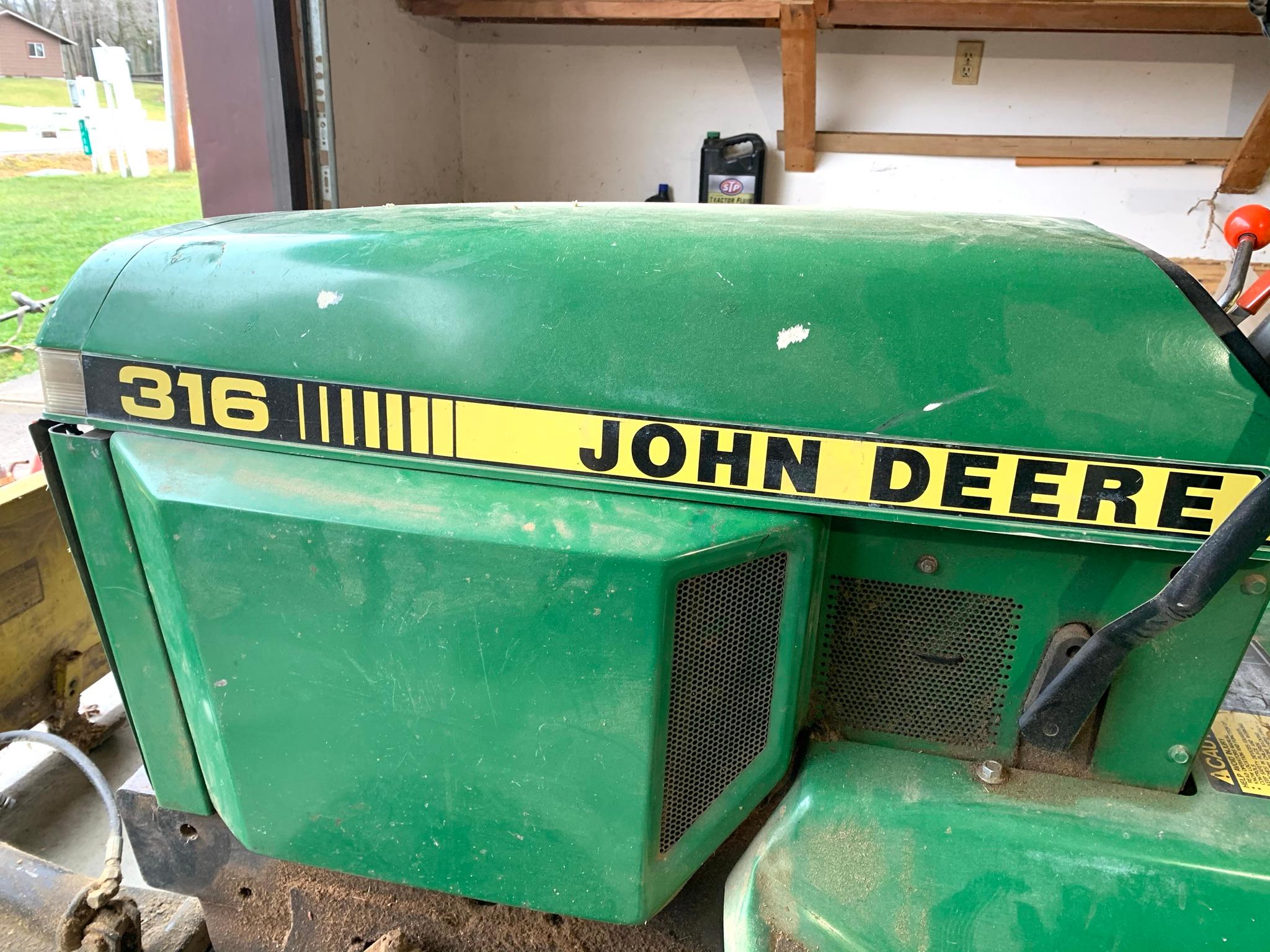 John Deere 316 Lawn & Garden Tractor With Mower Deck & Plow.