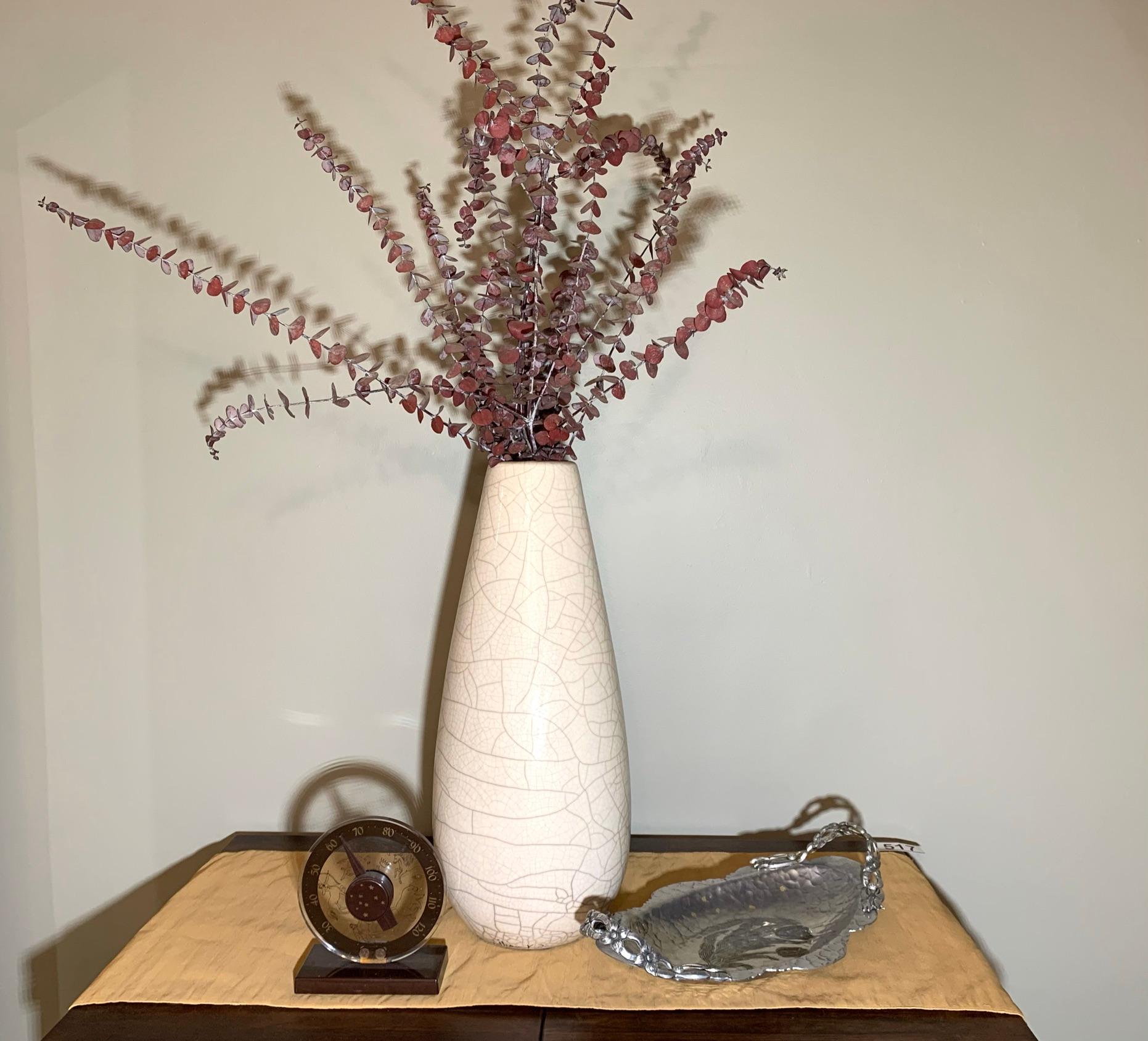 William KJ Crackle Vase, Hand Wrought Creations Dish, & Decorative Thermometer.