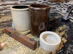 2 Stoneware Crocks, Antique Stanley Level No. 104 & Pottery Bowl