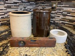 2 Stoneware Crocks, Antique Stanley Level No. 104 & Pottery Bowl