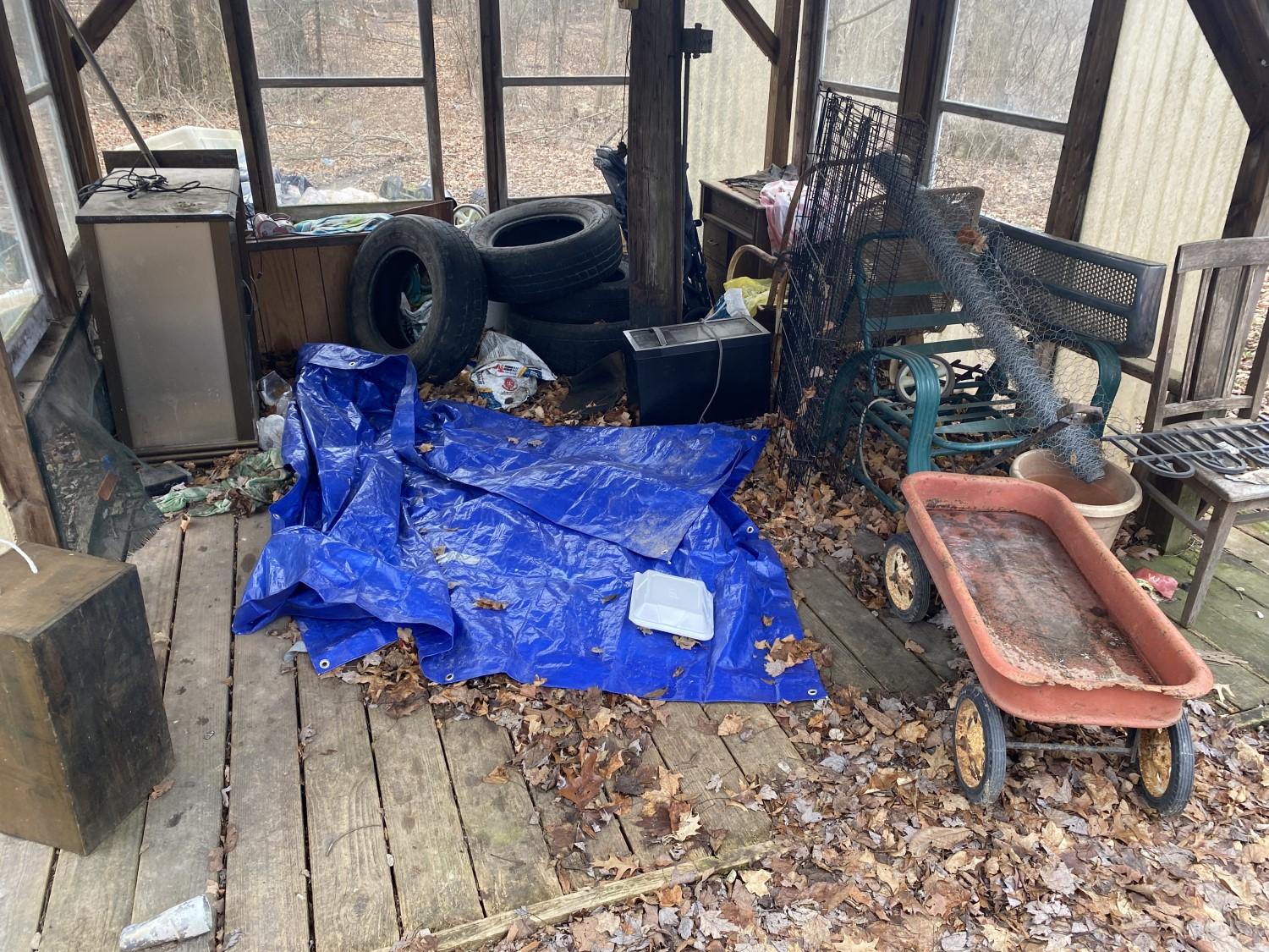 Shed cleanout lot including old wagon