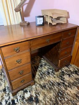 Desk, Chair, Desk Lamp, File Rack, and Clock