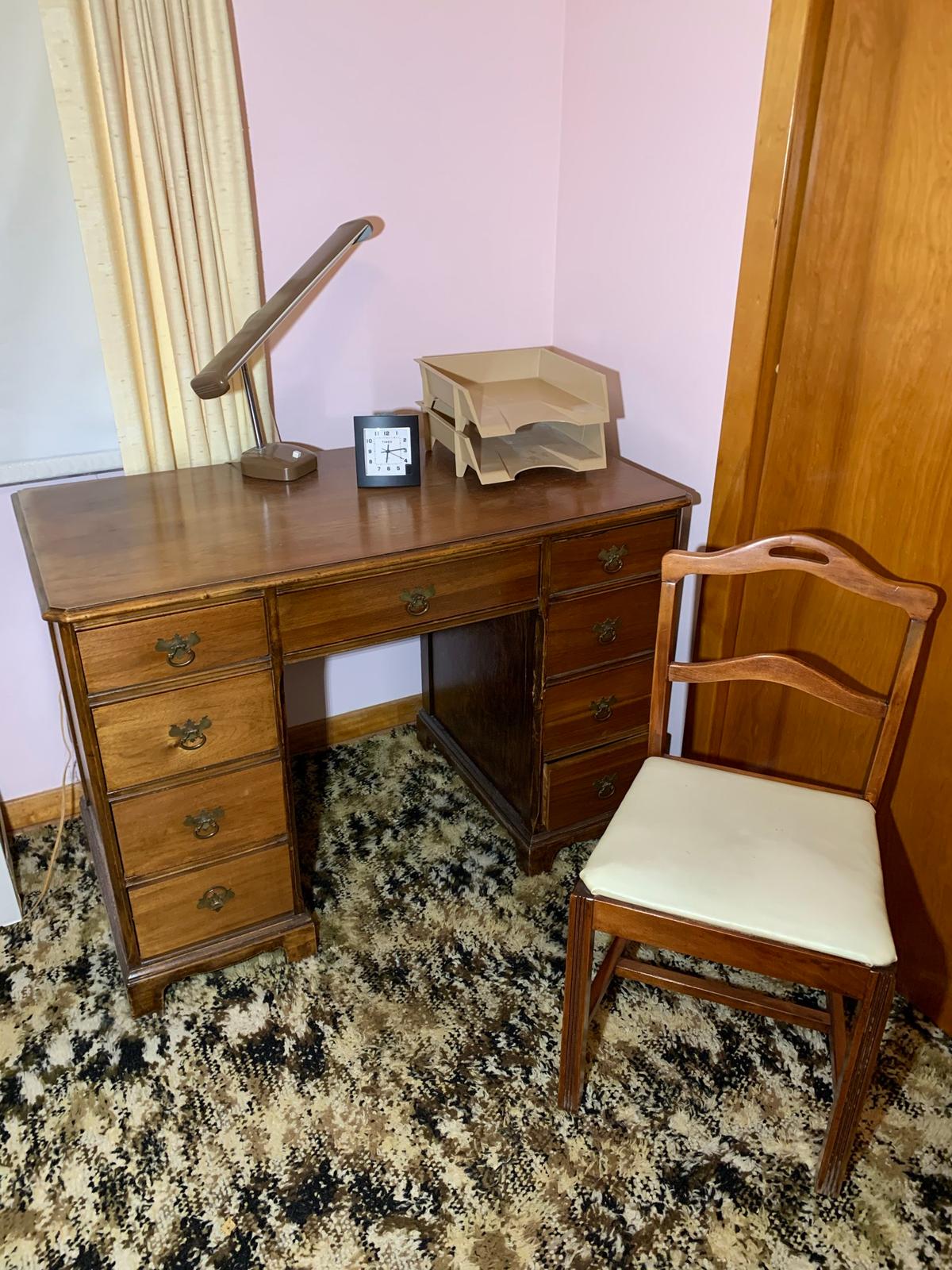 Desk, Chair, Desk Lamp, File Rack, and Clock