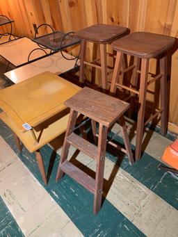 Pair of Wooden Stools, Step Stool and Side Table
