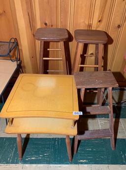 Pair of Wooden Stools, Step Stool and Side Table