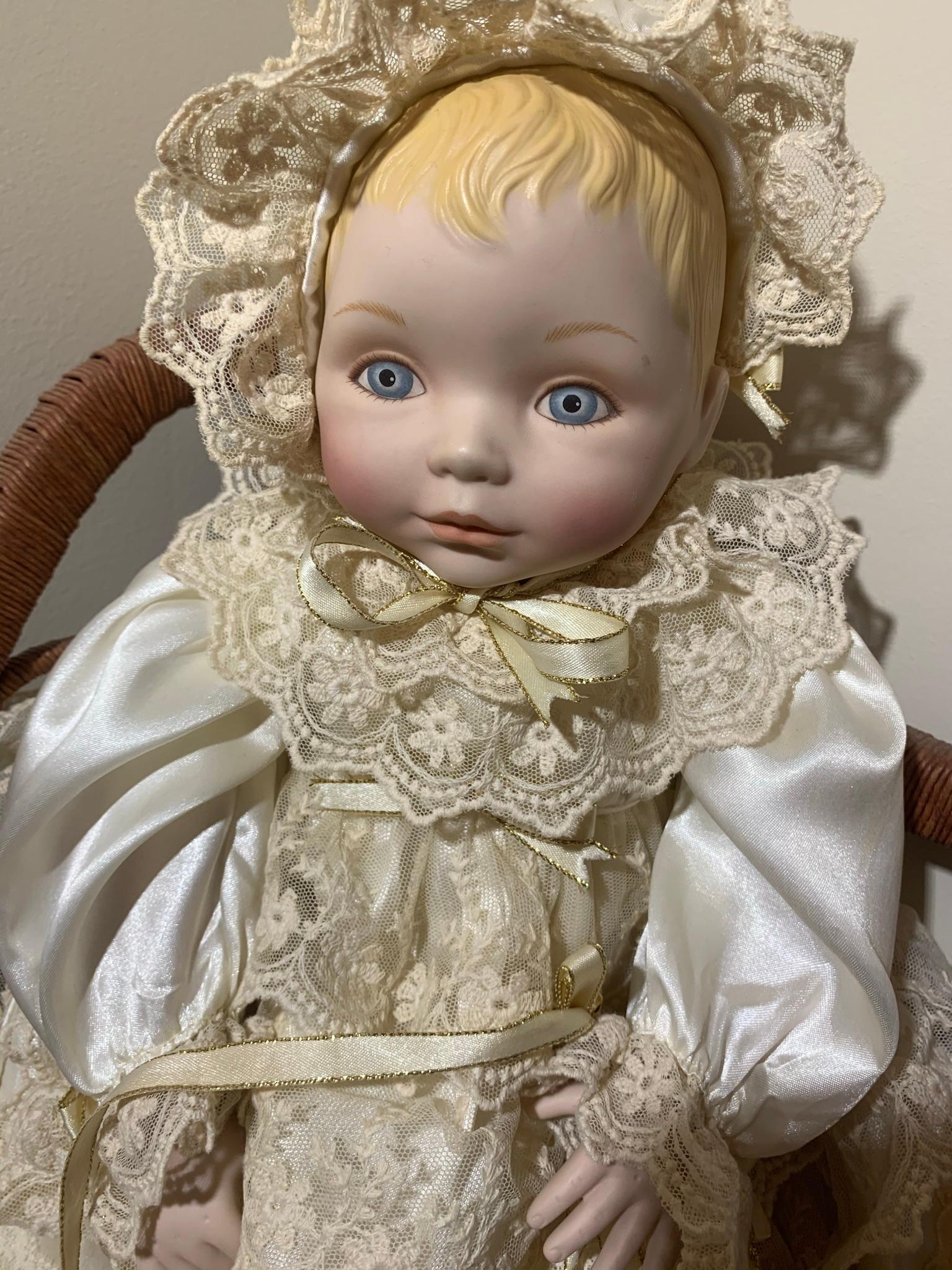 Franklin Heirloom Porcelain Baby Doll in Chrinsing Dress, Tea Set, Shelf & More