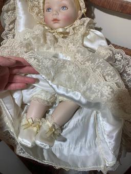 Franklin Heirloom Porcelain Baby Doll in Chrinsing Dress, Tea Set, Shelf & More
