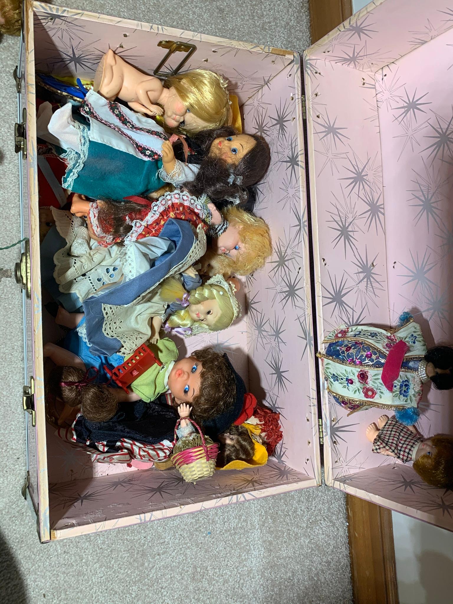 Antique Toy Dolls and Trunk.  See Photos