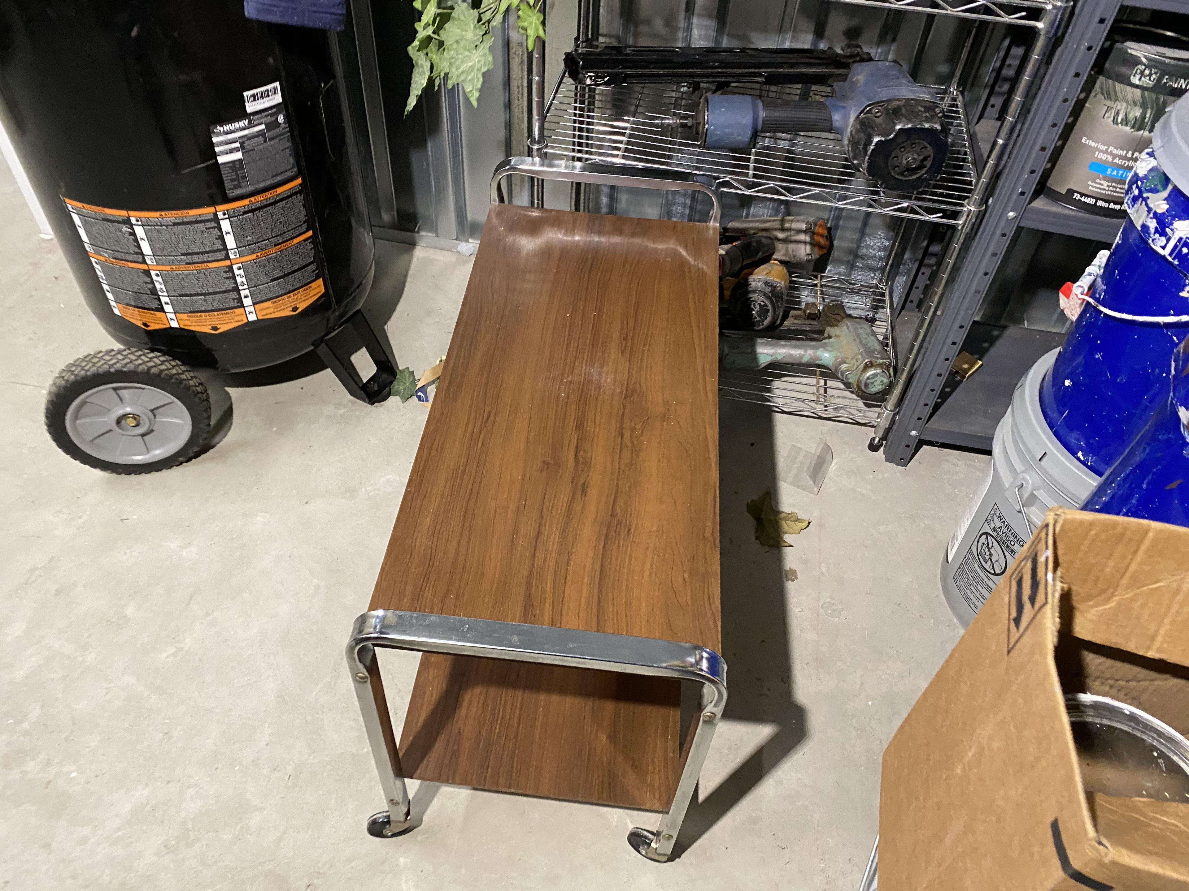 Rolling cart, metal shelf, fake flowers