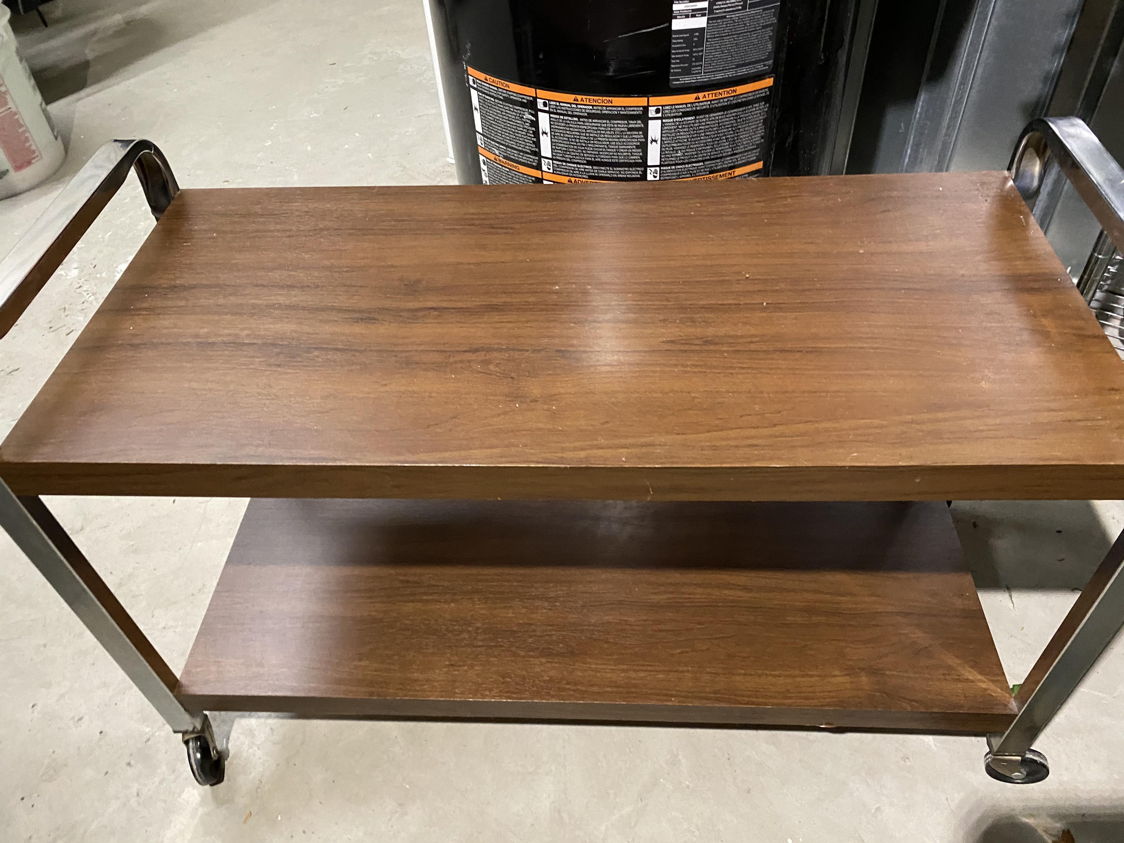 Rolling cart, metal shelf, fake flowers