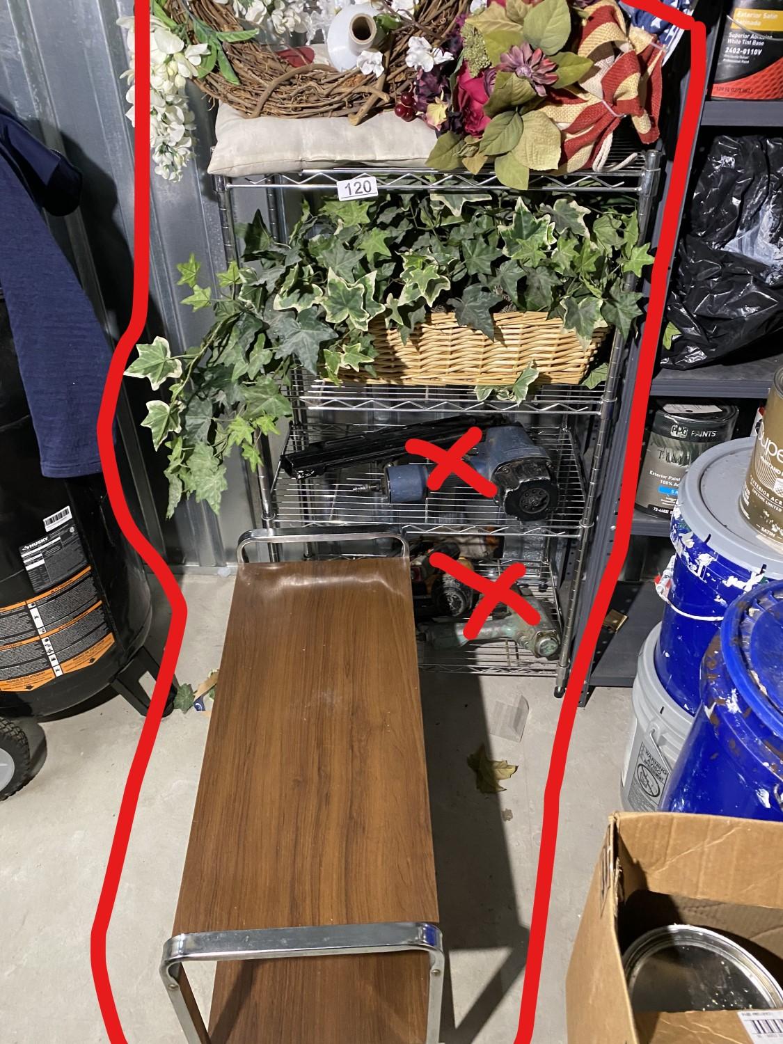 Rolling cart, metal shelf, fake flowers