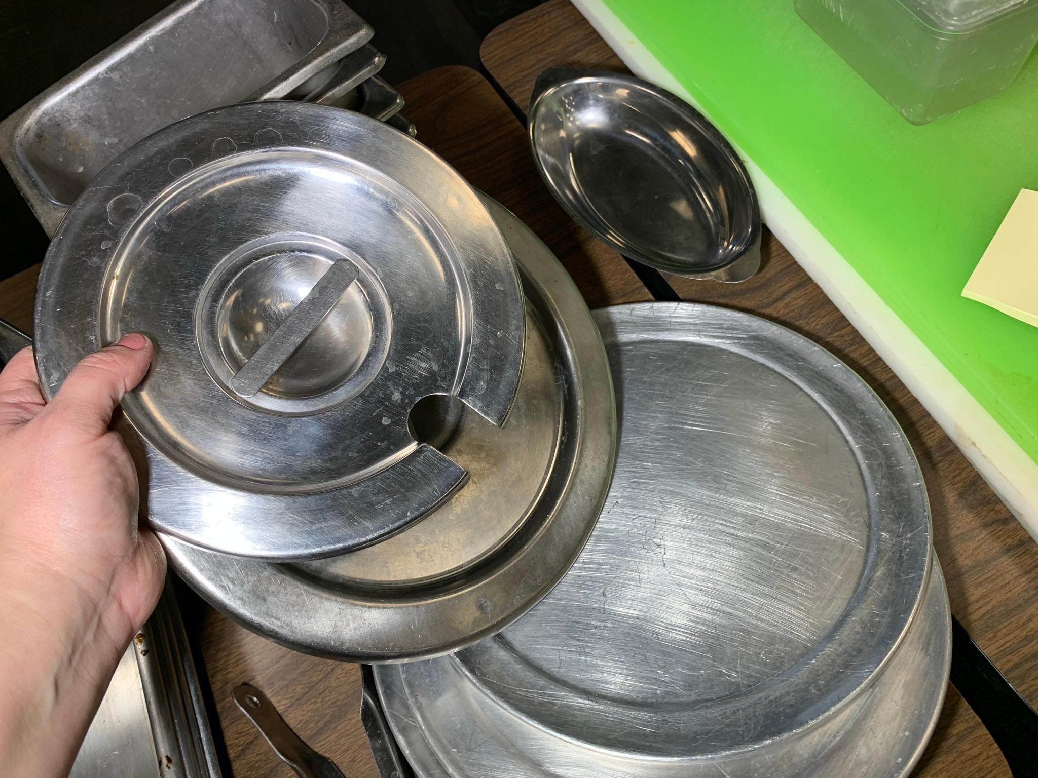 Assortment of Stainless Steel SNF Steam Table Pans, Trays, Lids, and Squeeze Bottle Holder