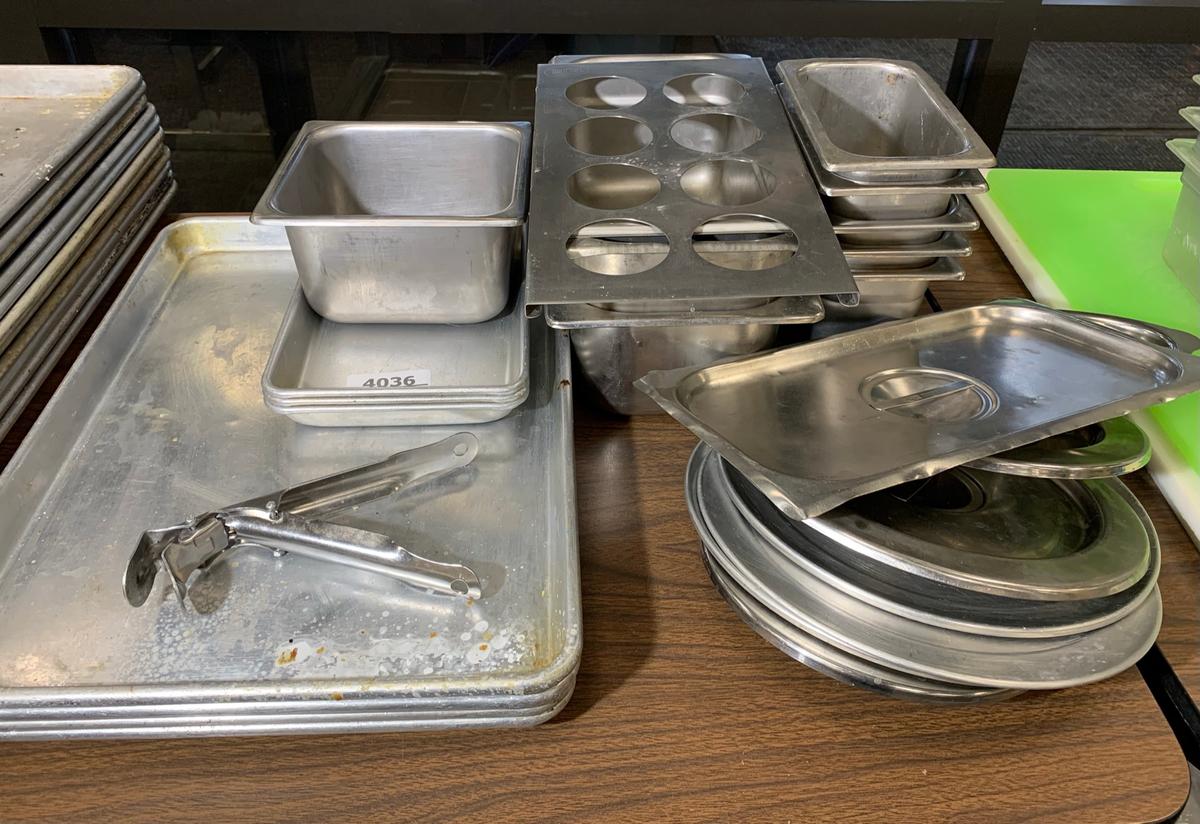 Assortment of Stainless Steel SNF Steam Table Pans, Trays, Lids, and Squeeze Bottle Holder