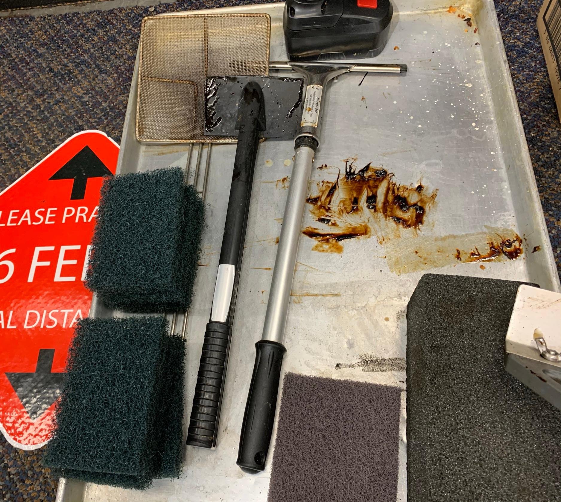 Group of Grill Cleaning Items - Scrapers, Scotch Brite Pads & More