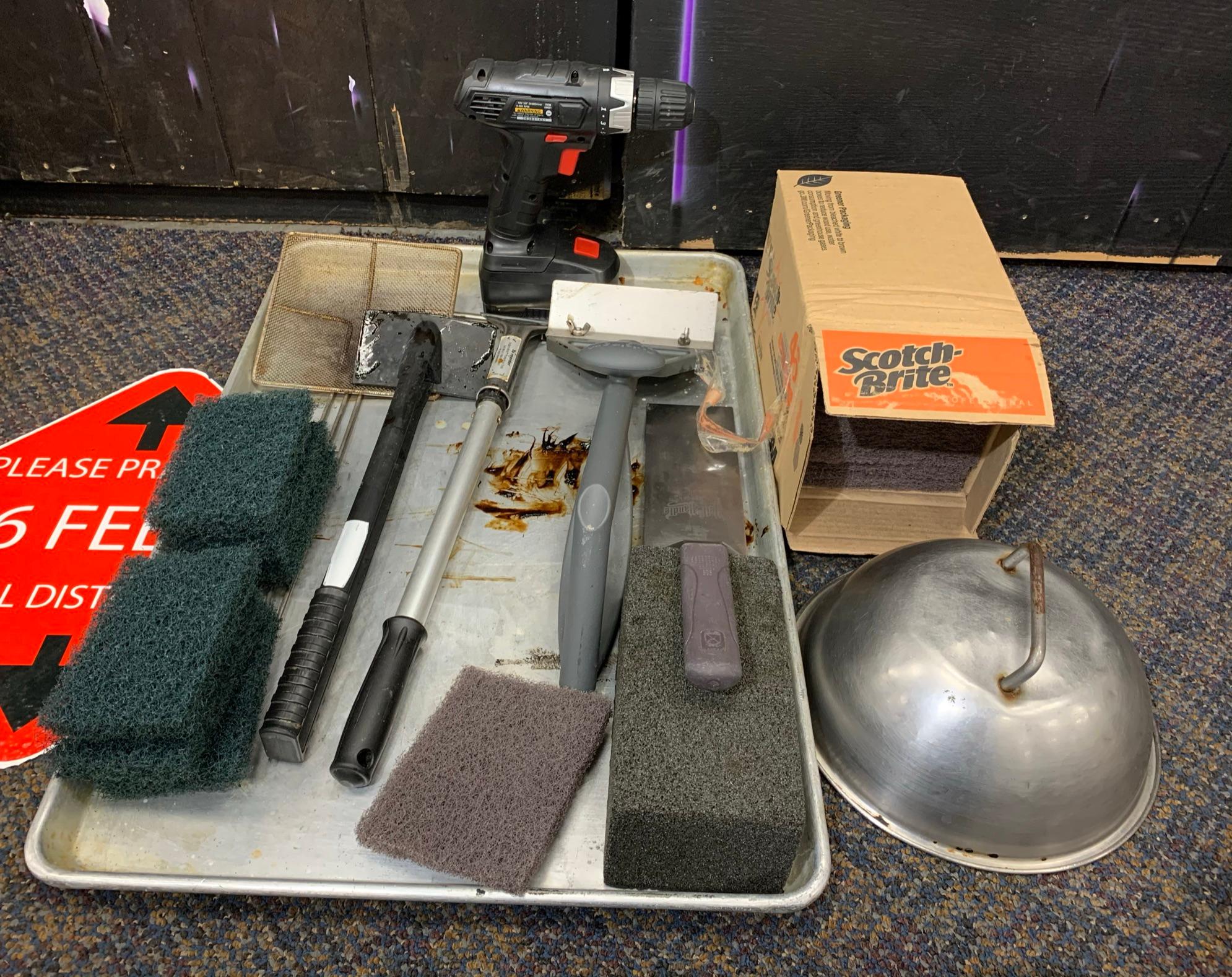 Group of Grill Cleaning Items - Scrapers, Scotch Brite Pads & More