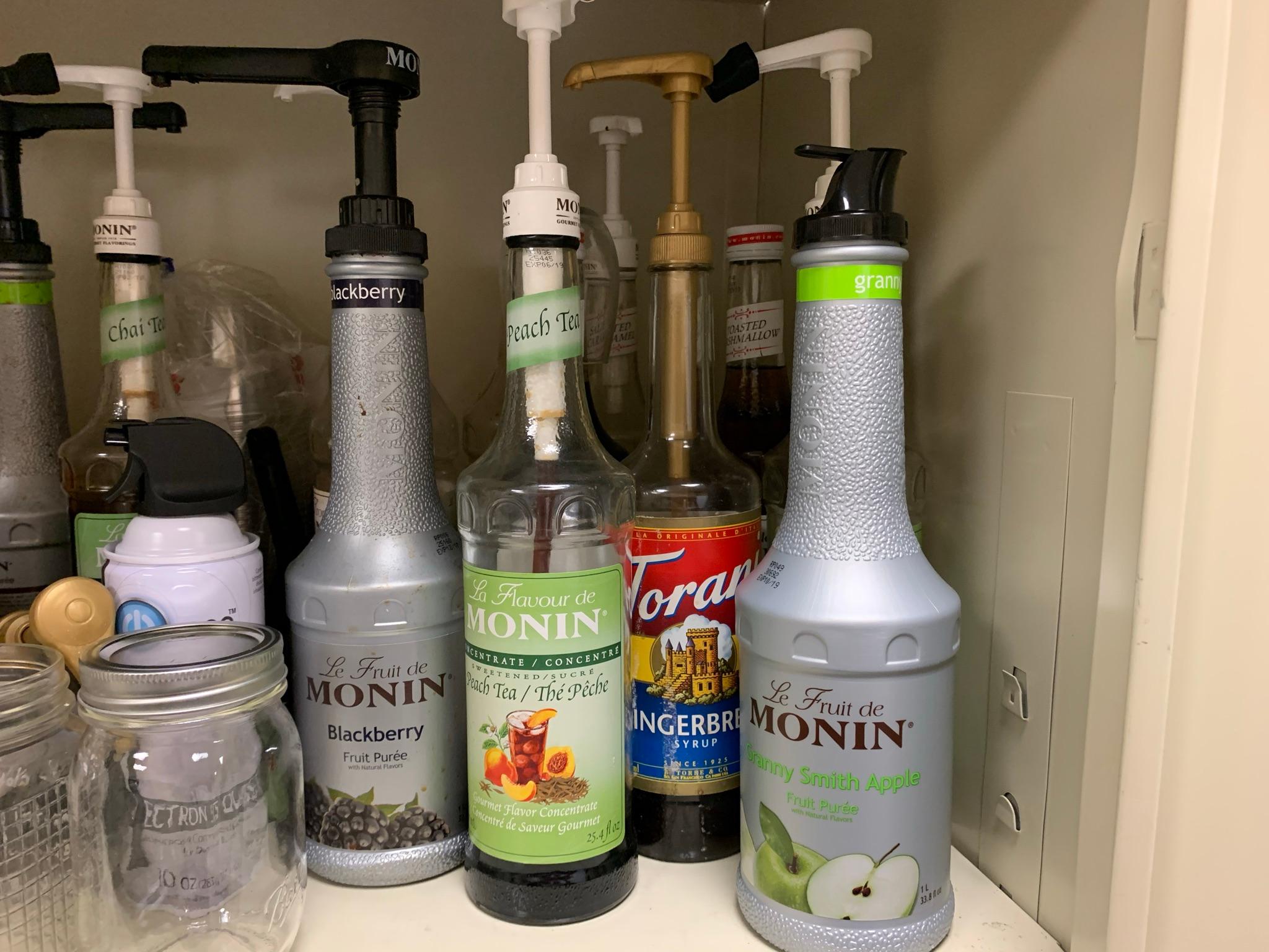 Metal Cabinet & Contents - Drink Syrups, Salt & Pepper Shakers, Mean Green Cleaner & More