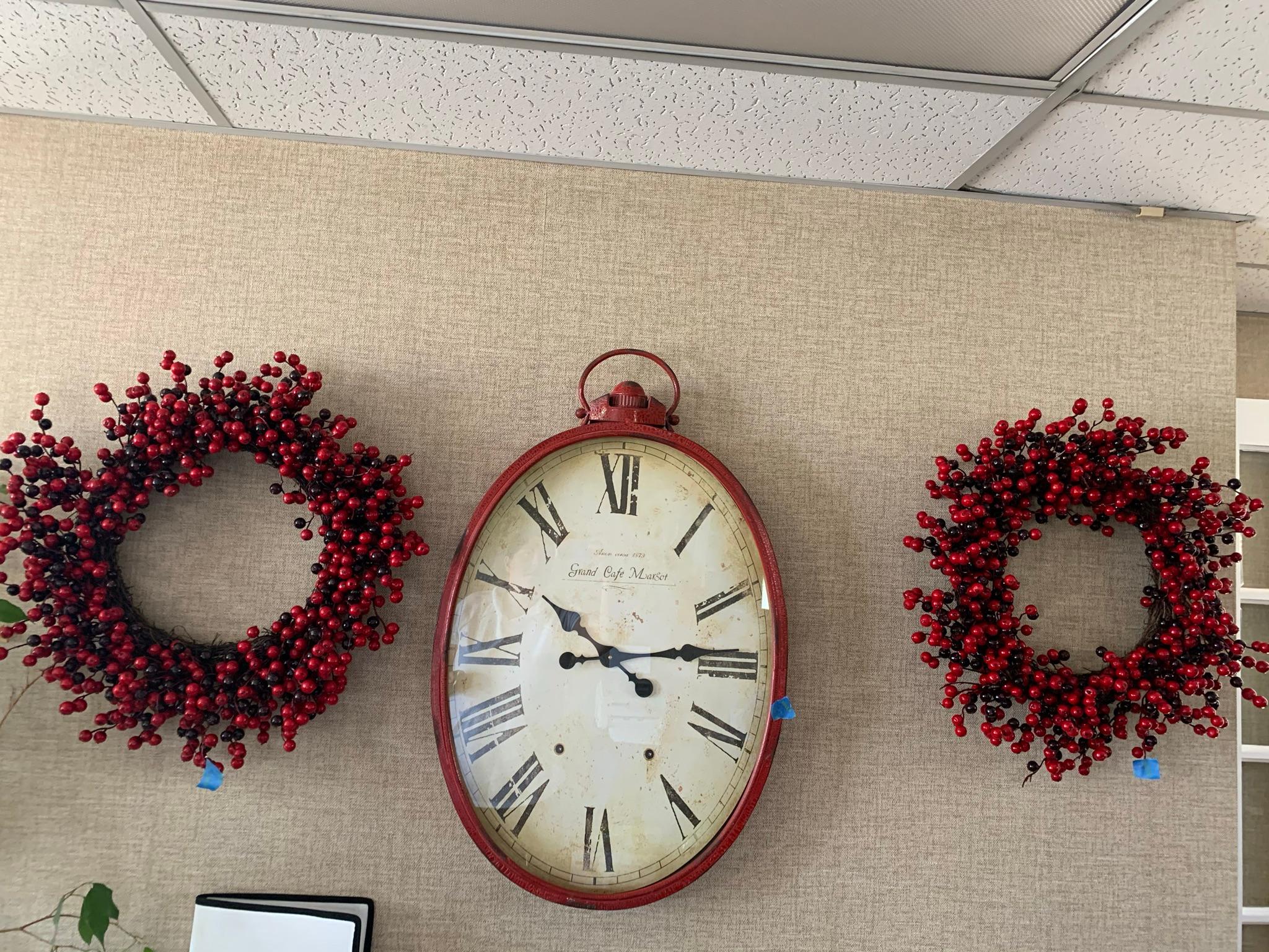 Large Wall Clock with Wreaths, Plant, & Mirror